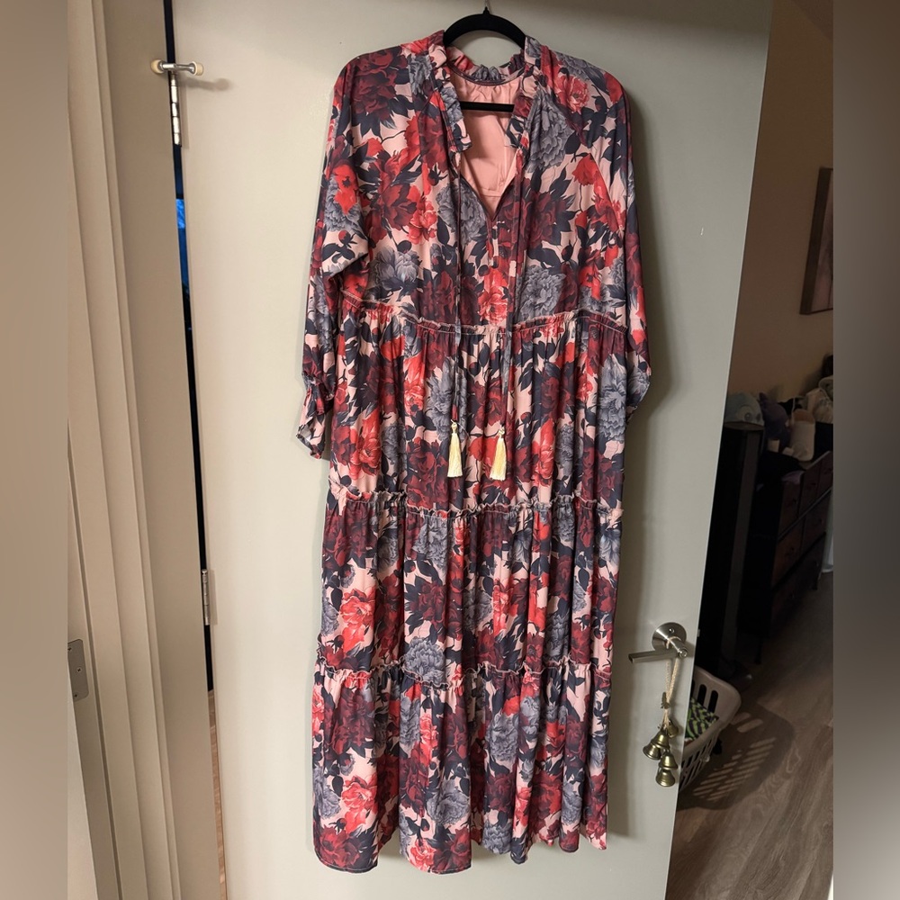 Floral Flowy Oversized Maxi Dress - Red and Gray
